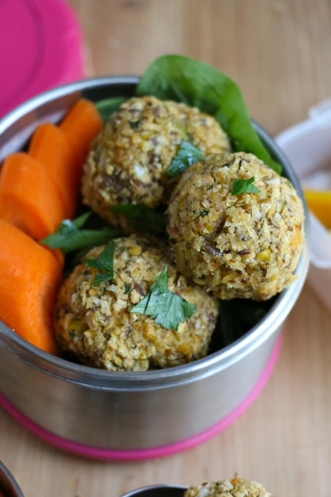 Chickpea Veggie Meatballs! Packed with chickpeas, eggplant, zucchini, flax and more, these are a great option to pack into your child's lunch!