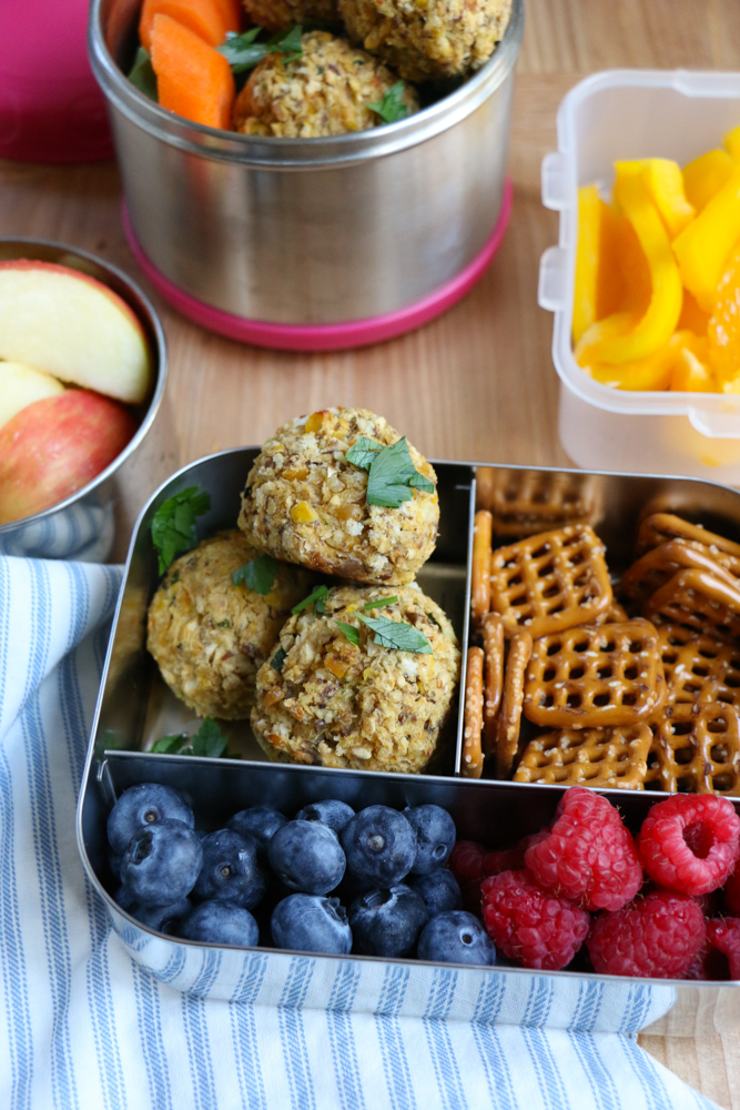 Chickpea Veggie Meatballs! Packed with chickpeas, eggplant, zucchini, flax and more, these are a great option to pack into your child's lunch!