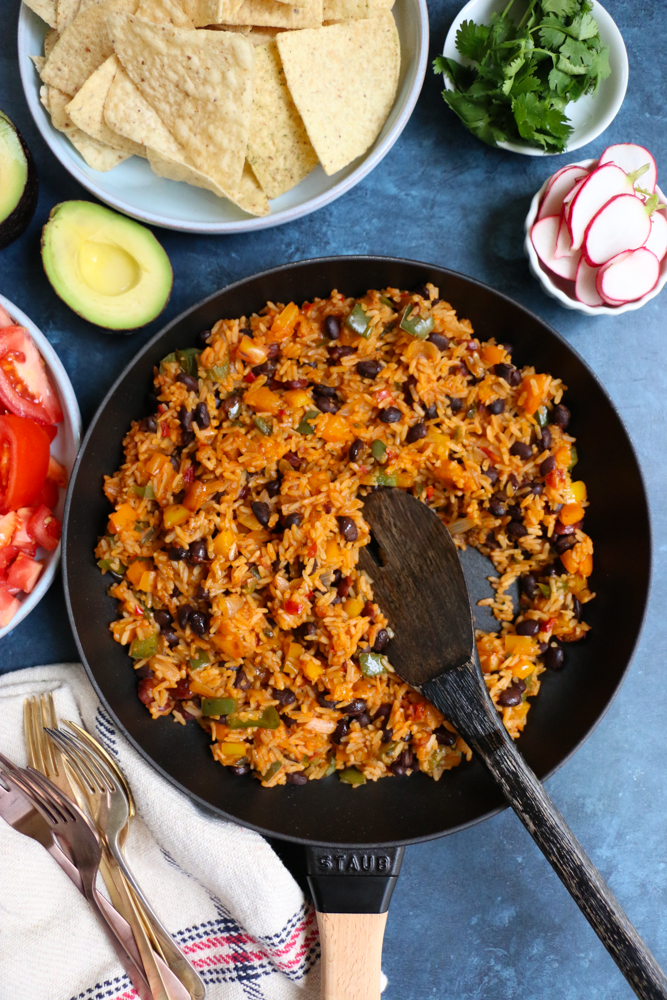 Rustic Mexican Rice & Beans Skillet Dinner! Change up Taco Tuesdays with this quick, easy and delicious dinner! Your family will love it!