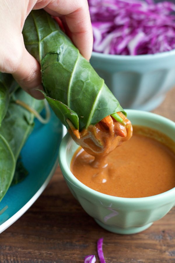 Spicy Asian Collard Green Wraps!! Fresh, healthy and packed with vitamins, fiber and a ton of fresh veggies, you have to try my Spicy Asian Collard Green Wraps!! These are so easy to make and the peanut sauce is amazing!!