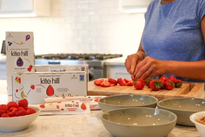 Mornings with Kite Hill Yogurt! Kite Hill almond milk yogurt with granola and fresh berries and honey! My kids love this for breakfast or as an after school snack!