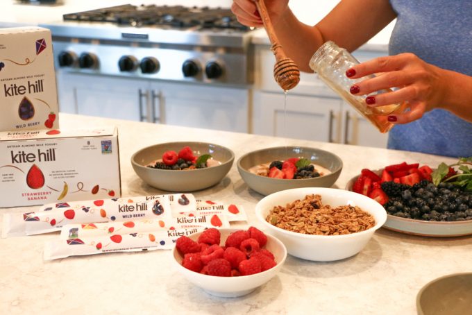 Mornings with Kite Hill Yogurt! Kite Hill almond milk yogurt with granola and fresh berries and honey! My kids love this for breakfast or as an after school snack!