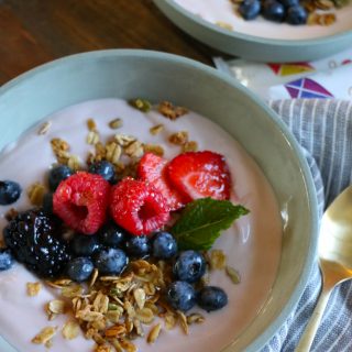 Mornings with Kite Hill Yogurt! Kite Hill almond milk yogurt with granola and fresh berries and honey! My kids love this for breakfast or as an after school snack! 
