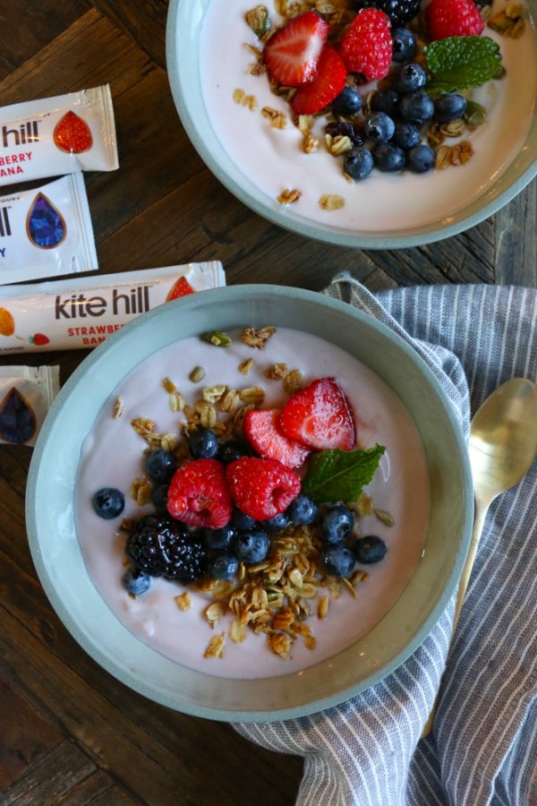 Mornings with Kite Hill Yogurt! Kite Hill almond milk yogurt with granola and fresh berries and honey! My kids love this for breakfast or as an after school snack!