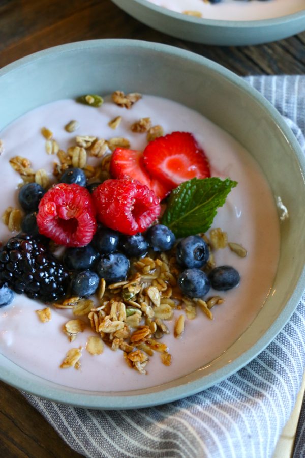 Mornings with Kite Hill Yogurt! Kite Hill almond milk yogurt with granola and fresh berries and honey! My kids love this for breakfast or as an after school snack!