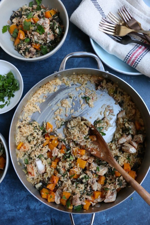 Fall-Inspired Roasted Garlic Alfredo Rice with roasted butternut squash, chard, leeks and more! Celebrating fall produce right from my local farmers market!