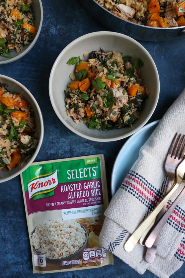 Fall-Inspired Roasted Garlic Alfredo Rice with roasted butternut squash, chard, leeks and more! Celebrating fall produce right from my local farmers market!