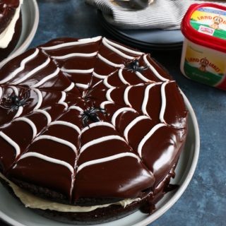 Double Chocolate Spider Web Cake! Perfect for Halloween! It's fun, festive and delicious and the kids can help you make it!