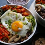 Fall inspired Vegetarian Bibimbap with roasted sweet potatoes, saut&eacute;ed&nbsp;kale, zucchini, carrots and shiitake mushrooms! I love a delicious bowl of Korean bibimbap and this is my vegetarian spin!&nbsp;