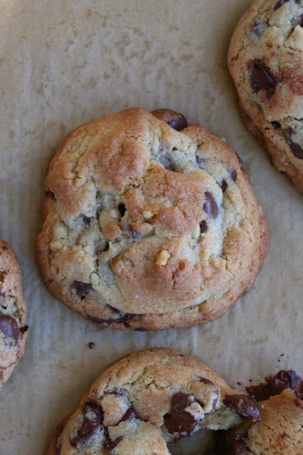 Overhead photo of baked homemade cookies on baking sheet