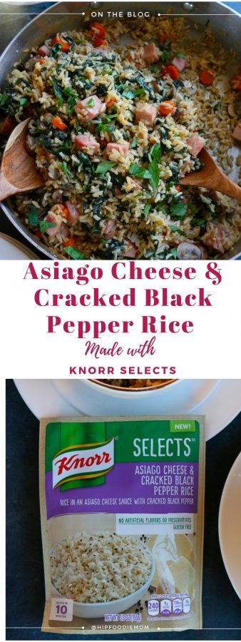 Asiago Cheese and Cracked Black Pepper Rice with Ham. Packed with mushrooms, carrots, kale and ham, this dish is so delicious and the perfect way to revamp your holiday leftovers!