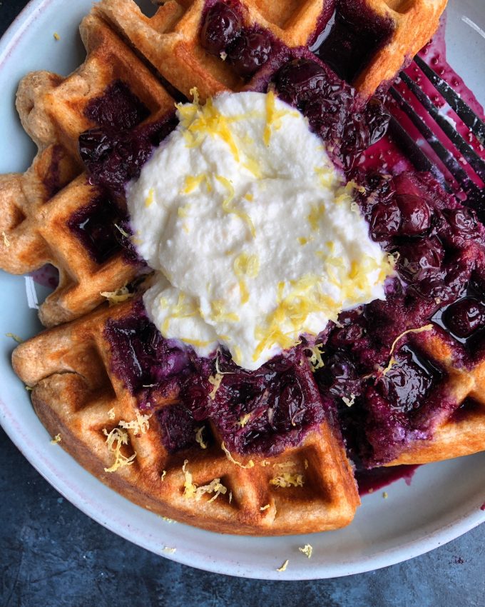 Spelt Waffles with Blueberry Compote + A Giveaway! Spelt Waffles with Blueberry Compote and Lemon Ricotta Cream from Bobby Flay&rsquo;s new cookbook, Fit! 200 recipes for a healthy lifestyle!