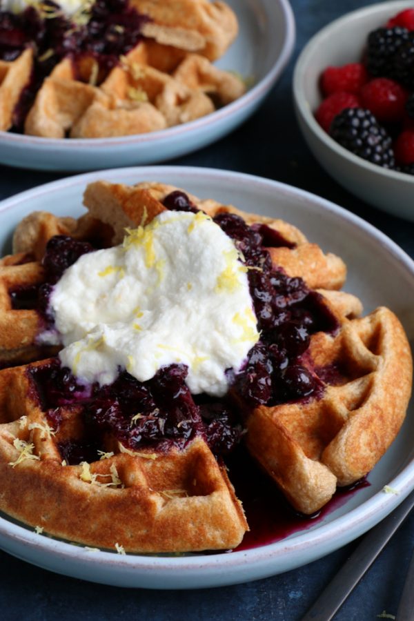 Spelt Waffles with Blueberry Compote + A Giveaway! Spelt Waffles with Blueberry Compote and Lemon Ricotta Cream from Bobby Flay's new cookbook, Fit! 200 recipes for a healthy lifestyle!