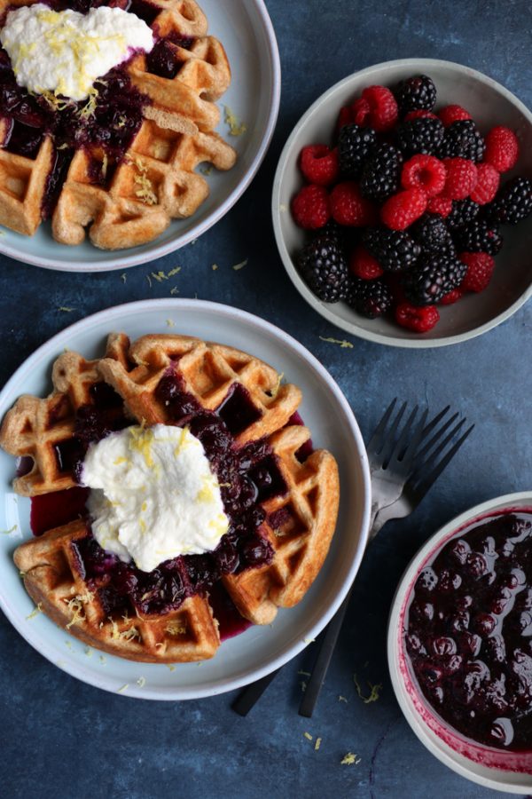 Spelt Waffles with Blueberry Compote + A Giveaway! Spelt Waffles with Blueberry Compote and Lemon Ricotta Cream from Bobby Flay's new cookbook, Fit! 200 recipes for a healthy lifestyle!