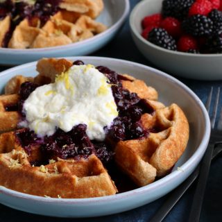 Spelt Waffles with Blueberry Compote + A Giveaway! Spelt Waffles with Blueberry Compote and Lemon Ricotta Cream from Bobby Flay's new cookbook, Fit! 200 recipes for a healthy lifestyle!