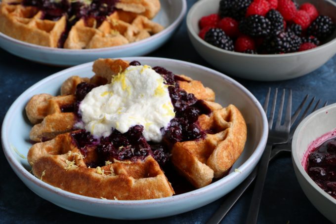 Spelt Waffles with Blueberry Compote + A Giveaway! Spelt Waffles with Blueberry Compote and Lemon Ricotta Cream from Bobby Flay's new cookbook, Fit! 200 recipes for a healthy lifestyle!