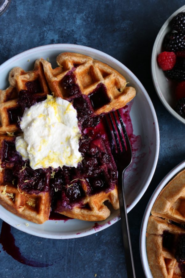 Spelt Waffles with Blueberry Compote + A Giveaway! Spelt Waffles with Blueberry Compote and Lemon Ricotta Cream from Bobby Flay's new cookbook, Fit! 200 recipes for a healthy lifestyle!