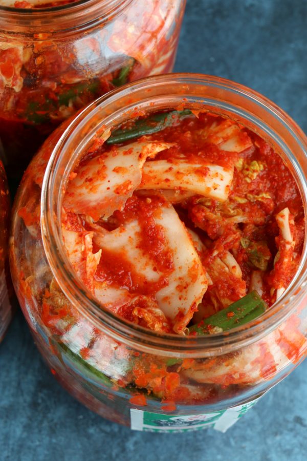 homemade kimchi in glass jar