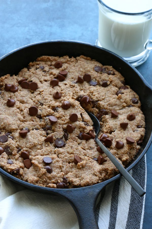 Paleo Chocolate Chip Skillet Cookie! Gluten free, vegan and oh so good! I use a flax egg, made using ground flaxseed meal so there's also added nutrition and fiber!