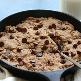 Paleo Chocolate Chip Skillet Cookie! Gluten free, vegan and oh so good! I use a flax egg, made using ground flaxseed meal so there's also added nutrition and fiber!