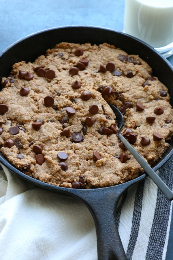 Paleo Chocolate Chip Skillet Cookie! Gluten free, vegan and oh so good! I use a flax egg, made using ground flaxseed meal so there's also added nutrition and fiber!