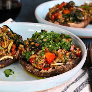 Vegetarian Stuffed Portobello Mushrooms! Packed with sautéed vegetables, farro and seasoned with Tony Chachere’s No Salt Seasoning Blend! You're going to love these!