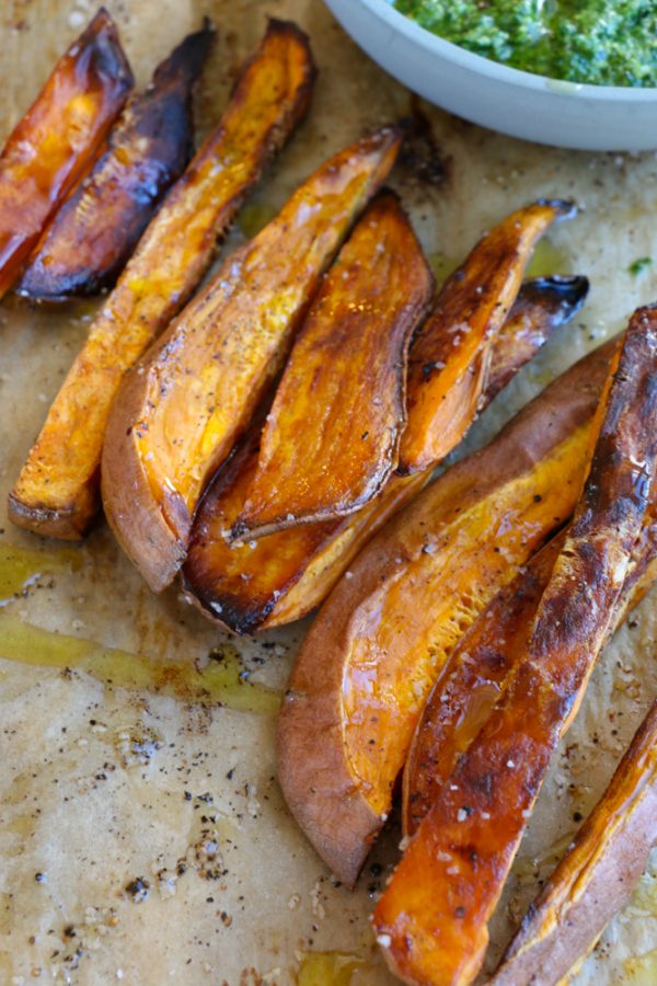 Roasted Sweet Potatoes with Arugula Pesto! One of my favorite snacks or small meals and so easy to make!