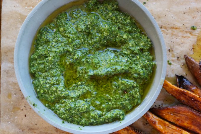 Roasted Sweet Potatoes with Arugula Pesto! One of my favorite snacks or small meals and so easy to make!