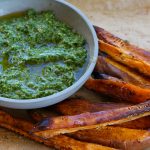 Roasted Sweet Potatoes with Arugula Pesto! One of my favorite snacks or small meals and so easy to make!