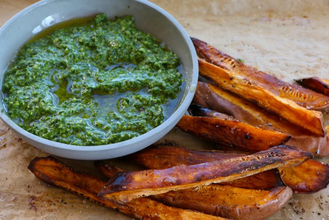Roasted Sweet Potatoes with Arugula Pesto! One of my favorite snacks or small meals and so easy to make!