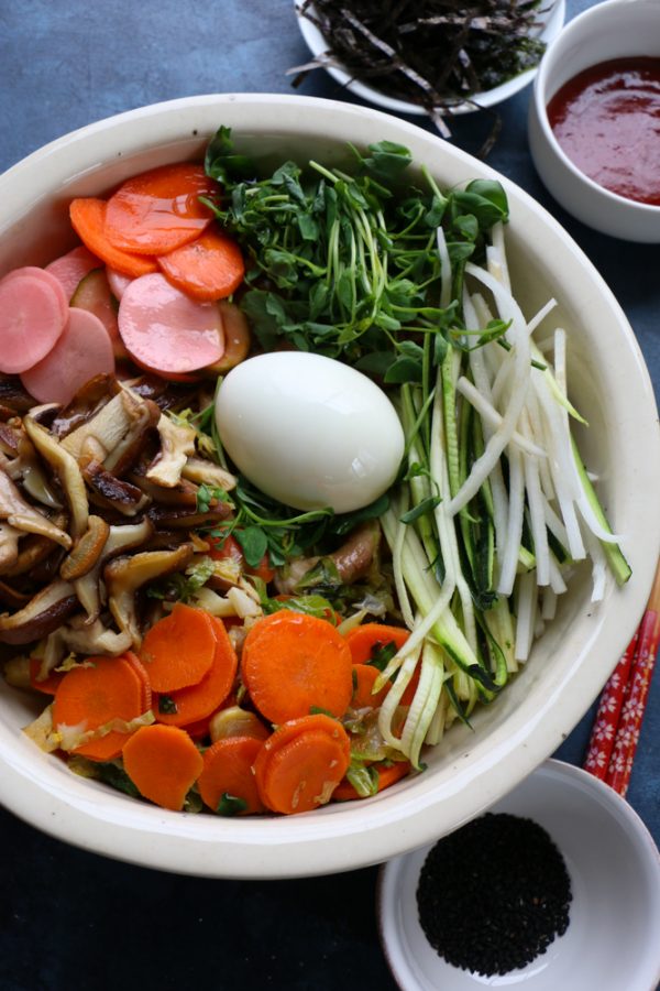 Bibim Grain Bowl. Completely inspired by a recent visit to Young Joni in Minneapolis, this grain bowl is filled with cooked farro, saut&eacute;ed&nbsp;brussels sprouts, carrots, zucchini, shiitake mushrooms and more! 