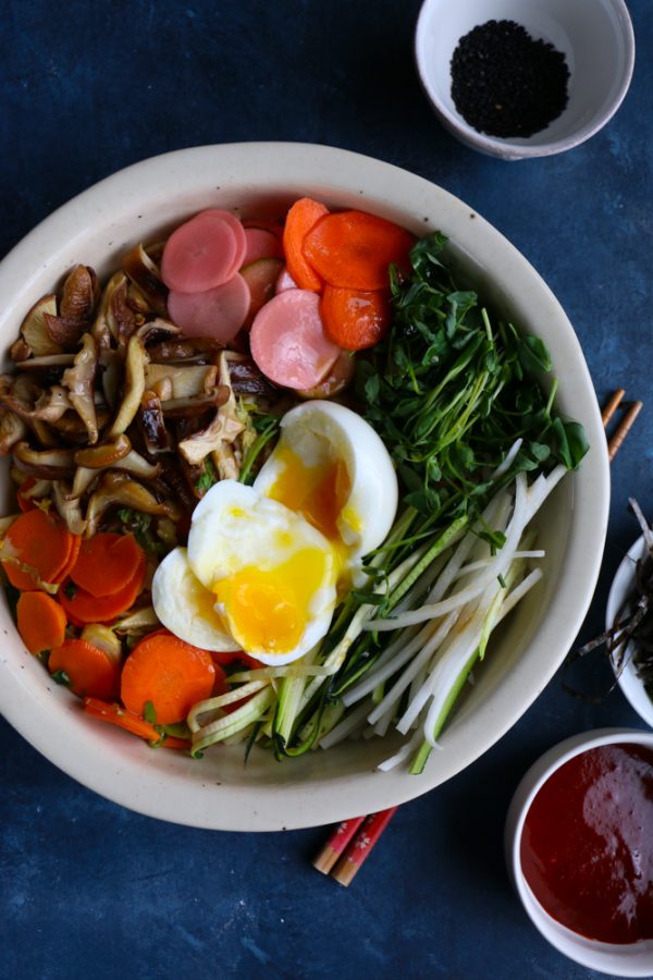 Bibim Grain Bowl. Completely inspired by a recent visit to Young Joni in Minneapolis, this grain bowl is filled with cooked farro, saut&eacute;ed&nbsp;brussels sprouts, carrots, zucchini, shiitake mushrooms and more! 