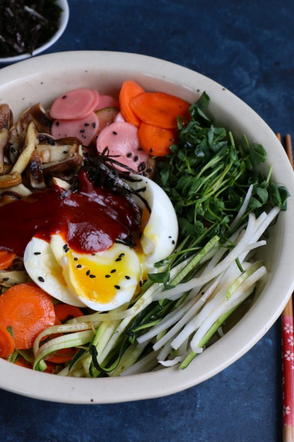 Bibim Grain Bowl. Completely inspired by a recent visit to Young Joni in Minneapolis, this grain bowl is filled with cooked farro, saut&eacute;ed&nbsp;brussels sprouts, carrots, zucchini, shiitake mushrooms and more! 