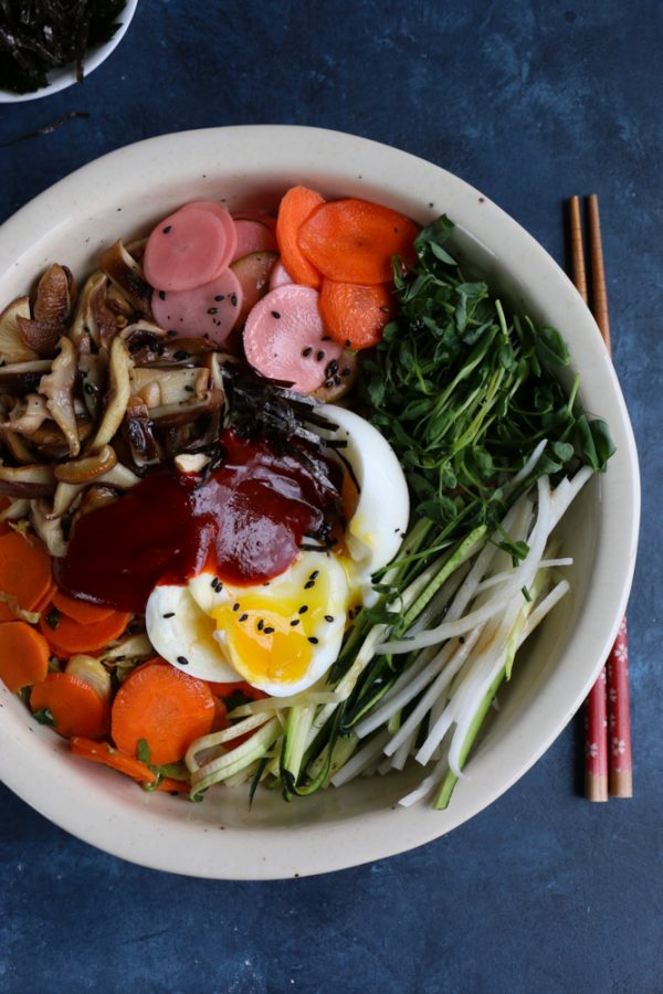 Bibim Grain Bowl. Completely inspired by a recent visit to Young Joni in Minneapolis, this grain bowl is filled with cooked farro, saut&eacute;ed&nbsp;brussels sprouts, carrots, zucchini, shiitake mushrooms and more! 