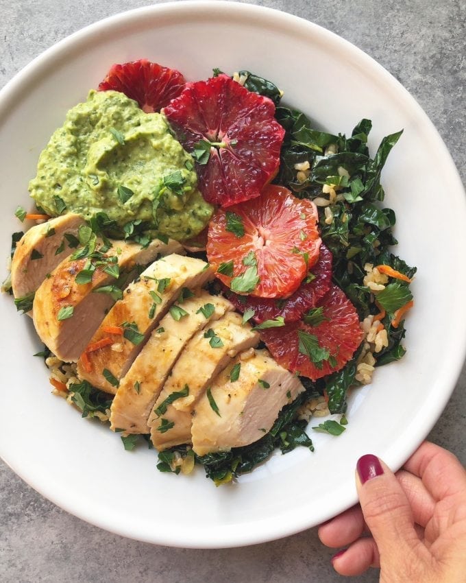 Lemon chicken citrus bowl with Green Goddess Avocado Sauce.