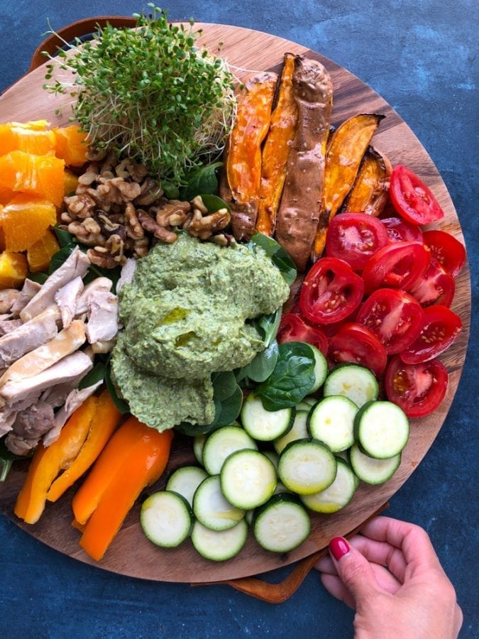 Vegetable and fruit platter with chicken and Green Goddess Avocado Sauce.