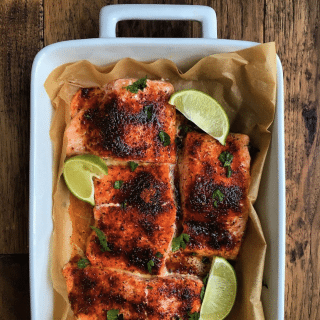 How To Cook Salmon in your oven! I drizzle on a little extra virgin olive oil, season mine with a lemon pepper seasoning from Penzeys Spices and some smoked paprika! Garnish with fresh parsley and squeeze on some lemon or lime juice! Enjoy!