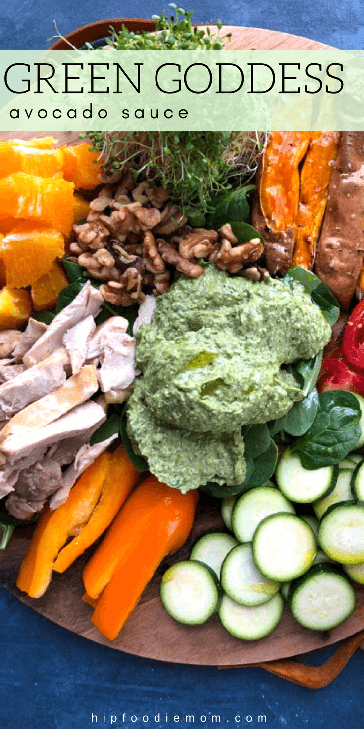 Green Goddess Avocado Sauce!!! Light, healthy and packed with flavor, you'll be making this Green Goddess Avocado Sauce every chance you get! Enjoy with raw or roasted veggies, pita bread, crackers and more! Spread this on sandwiches and in wraps too! It's so good! #greengoddesssauce #greengoddess #herbs #crudite #avocado #greengoddessdip #veggieplatter