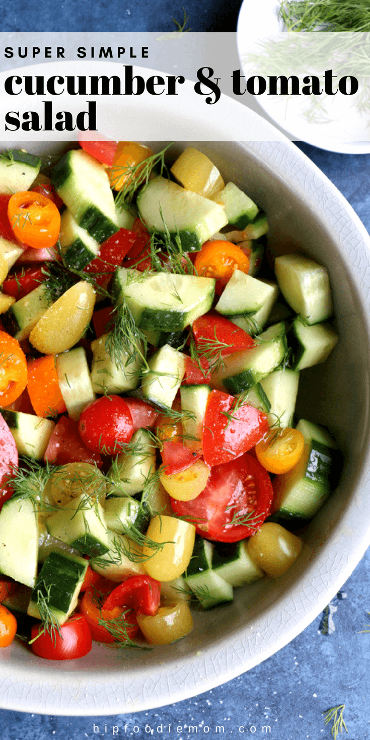 Super Simple Cucumber Tomato Salad! When you have fresh, quality ingredients, you don't need to add much to whip up a delicious and fresh summer salad! #cucumbersalad #tomatosalad #summersalad #potluck #bbq #sidedish #salad #healthy #simplesalad #vegetarian #vegan