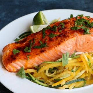 Baked Salmon with Spiralized Veggies! This is one of my go-to meals because it's so easy, quick and delicious! Rich in Omega-3 Fatty Acids and a great source of protein, you should definitely go pick up some salmon today!