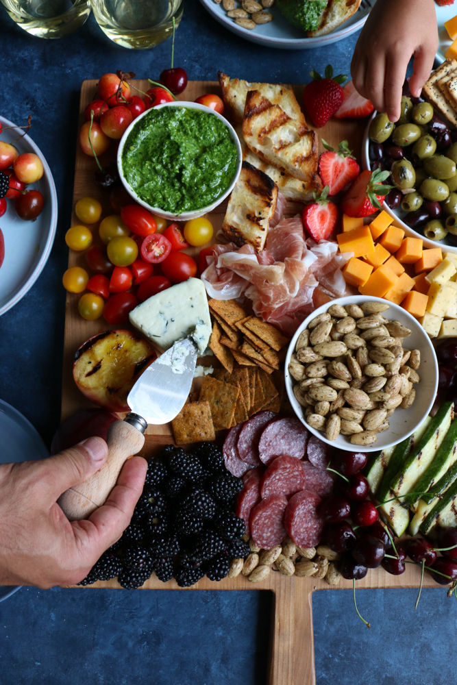 My Summer Cheese and Charcuterie Board with Blue Diamond Crafted Gourmet Garlic Herb and Olive Oil almonds! Summer entertaining is not complete without a cheese and charcuterie board like this!
