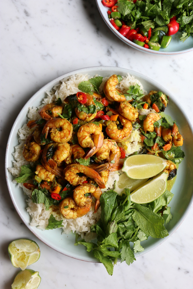 Coconut Shrimp Curry served over jasmine rice. Flavorful, delicious and with just the right amount of heat. You can also use this for chicken or veggies! You are going to love this!