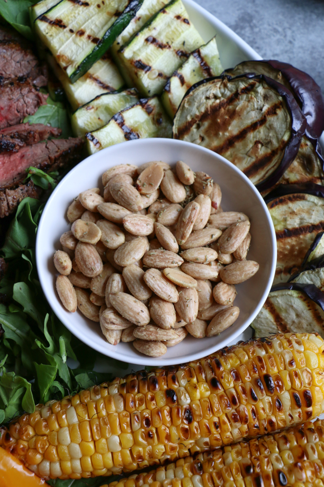 Our Summer Grilling Platter filled with all of our favorites! Grilled flank steak, corn, grilled zucchini, eggplant, bell peppers, Blue Diamond Crafted Gourmet Rosemary and Sea Salt almonds and more! Perfect for summer entertaining! #ad