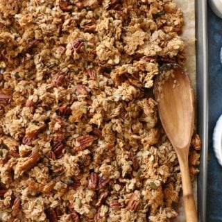 Gluten Free Granola!! Made with gluten free rolled oats, pecans, pepitas, dried fruit, coconut oil and naturally sweetened with some honey.