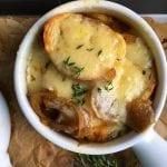 French onion soup. So rich, comforting and delicious. Don't skip the French bread baguette with lots of gruyere cheese on top. 