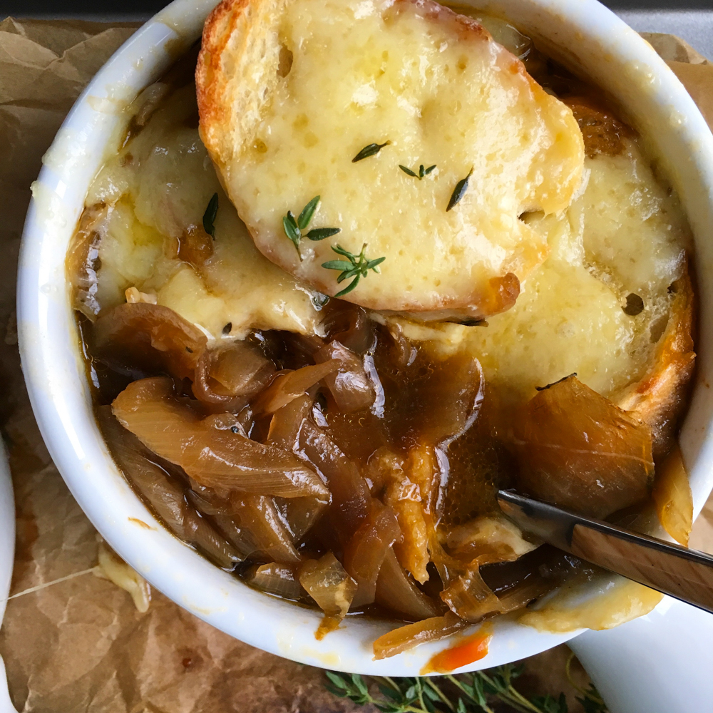 French onion soup. So rich, comforting and delicious. Don't skip the French bread baguette with lots of gruyere cheese on top.&nbsp;