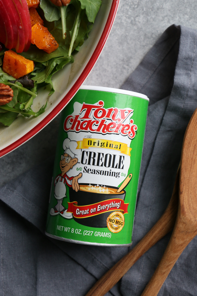 Autumn Salad with Seasoned Roasted Butternut Squash! Fresh mixed greens and arugula, apples, pears, toasted pecans and the seasoned roasted butternut squash, this is fall in a salad! You need this salad on your Thanksgiving Day table!