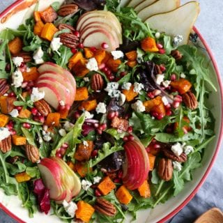 Autumn Salad with Seasoned Roasted Butternut Squash! Fresh mixed greens and arugula, apples, pears and the seasoned roasted butternut squash!