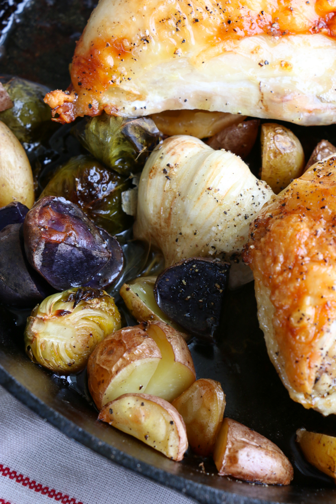 Skillet Roast Chicken with brussels sprouts and fingerling potatoes! So delicious and so easy to make!