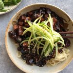 Jajangmyeon (Korean black bean noodles) in a bowl